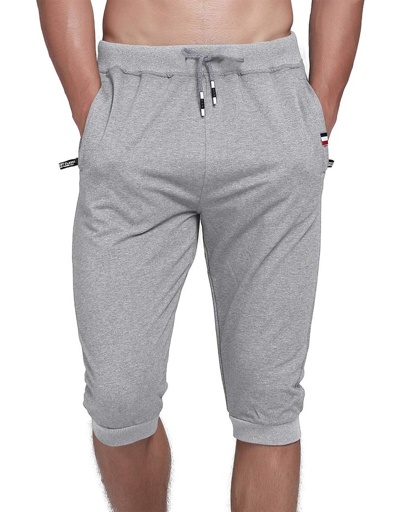 YSENTO Men's Cotton Casual 3/4 Jogger Running Capri Pants Below Knee Gym Workout Shorts Zipper Pockets Light Grey 34 - Image 1